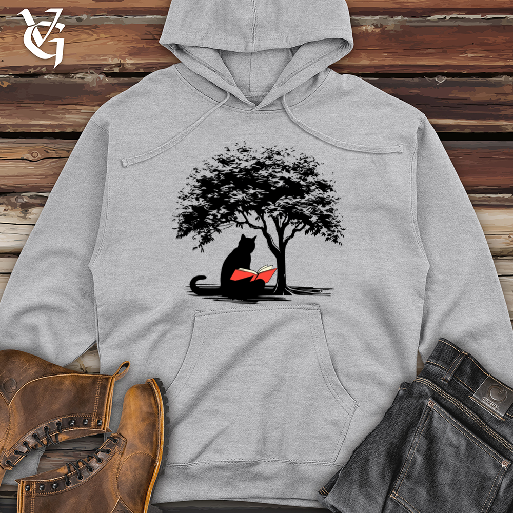 Retro Tree Reading Black Cat Midweight Hooded Sweatshirt