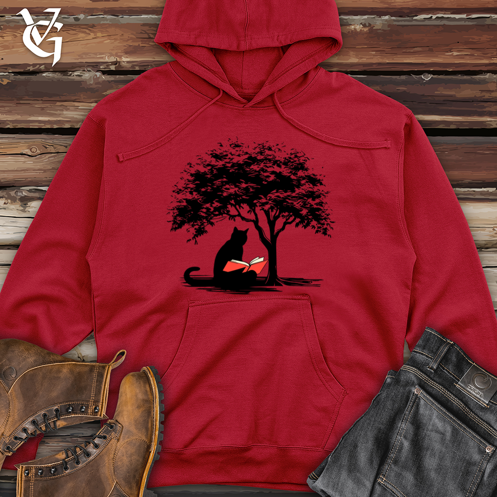 Retro Tree Reading Black Cat Midweight Hooded Sweatshirt