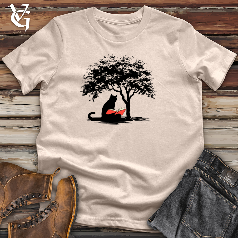 Retro Tree Reading Black Cat Cotton Tee