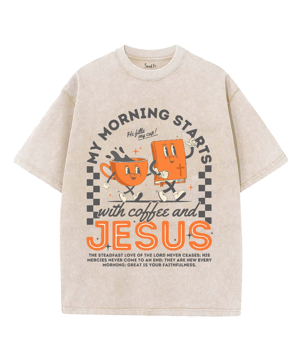 My Morning Stars With Coffee And Jesus Unisex Washed Christian T-shirt Hoodie, Sweatshirt | CiraTrend.com (Image 4)