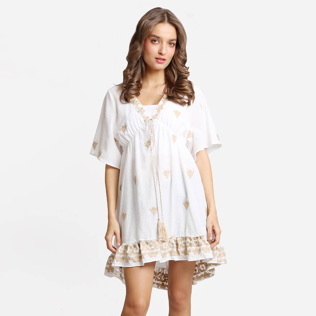 V-Neck Embroidered Floral Pattern Mini Dress