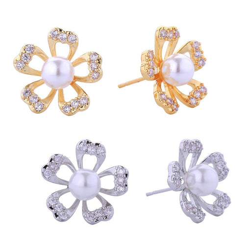 14K Dipped Flower Cz Pearl Deco Post Earrings