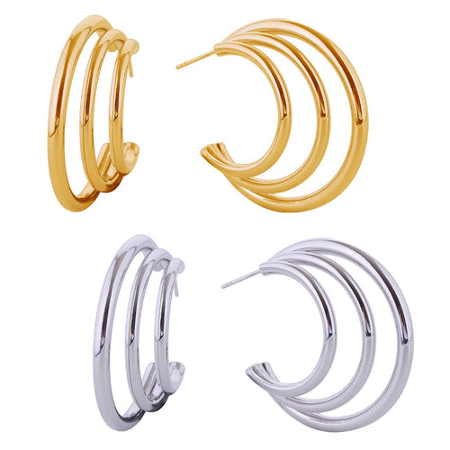 14K Dipped Attached Triple Hoops Post Earrings