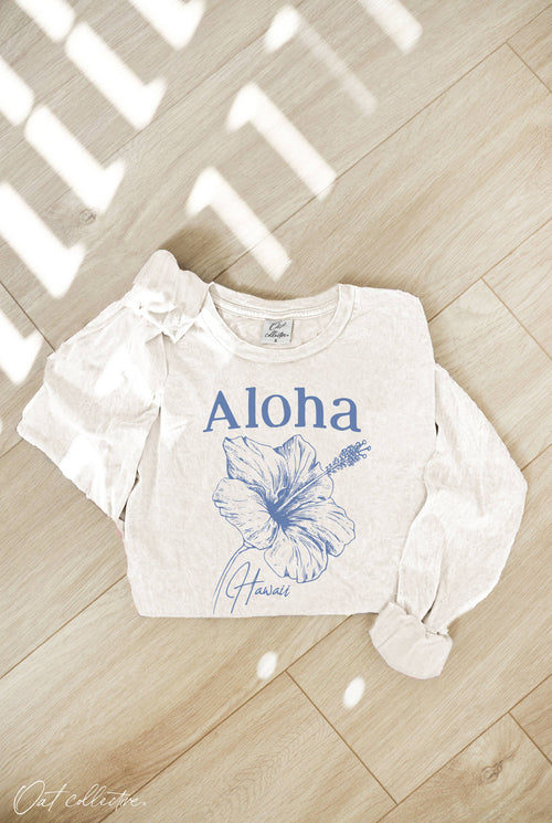 Aloha Hawaii Mineral Washed Long Sleeve Graphic Top