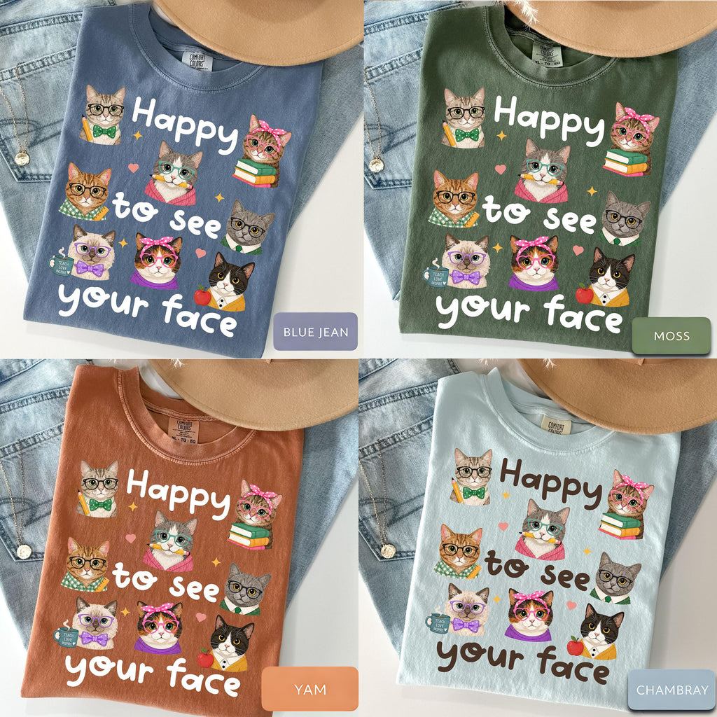 Happy See Face Cat Teacher Cat Lover Teacher Tee Classroom Ca Comfort Colors Back School Tee (2)