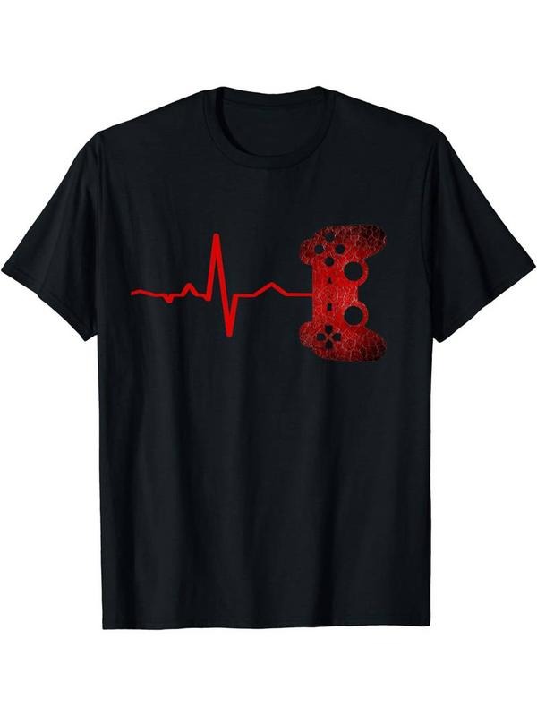 [100% Cotton] Gamer Heartbeat Video Graphic Men's Short Sleeve T-shirt, Comfy Stretchy Trendy Tees For Summer