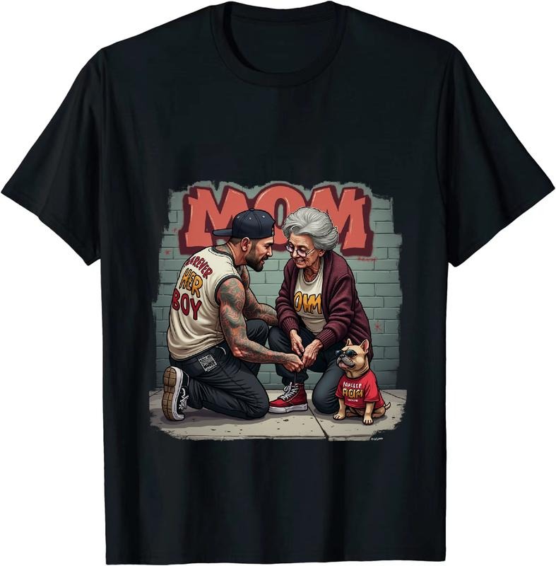 [100% Cotton] Mama Street Love T-Shirt Graffiti Cartoon Style with Muscular Son and Corgi Dog