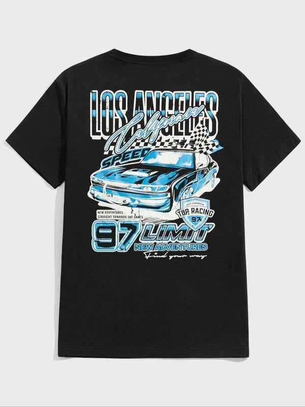[100% Cotton] Men's Cartoon Car Graphic Print Round Neck Tee, Regular Fit Casual Fashion Short Sleeve T-shirt for Daily...