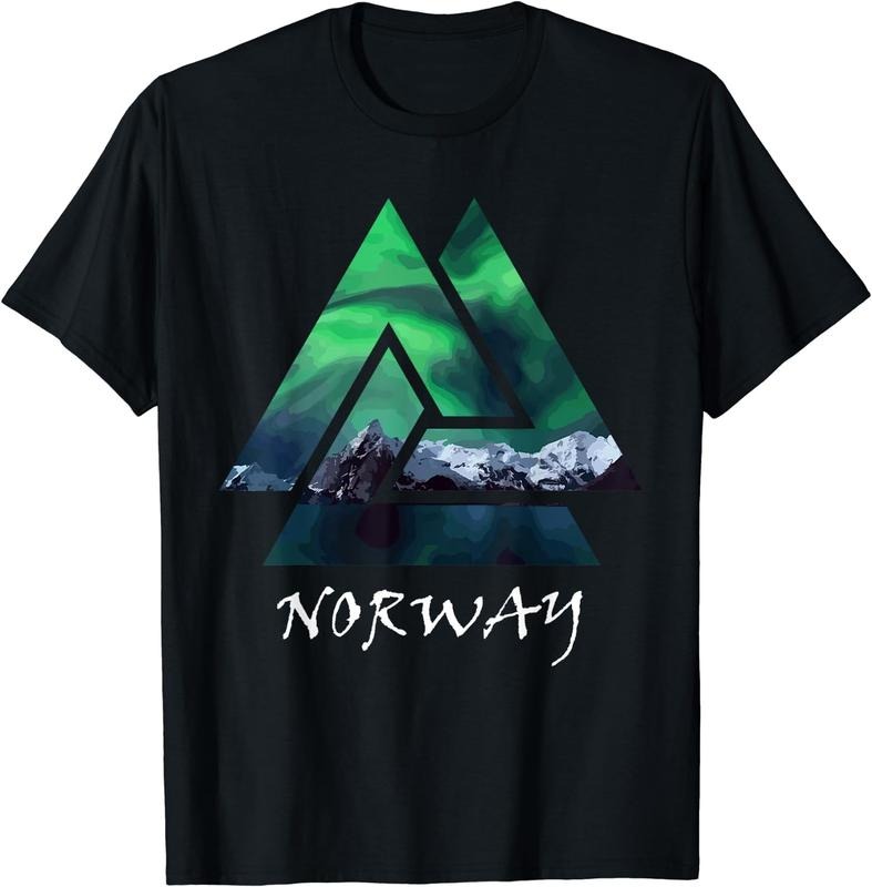 [100% Cotton] Norway Northern Lights Geometric Travel T-Shirt Black Hoodie, Sweatshirt | CiraTrend.com