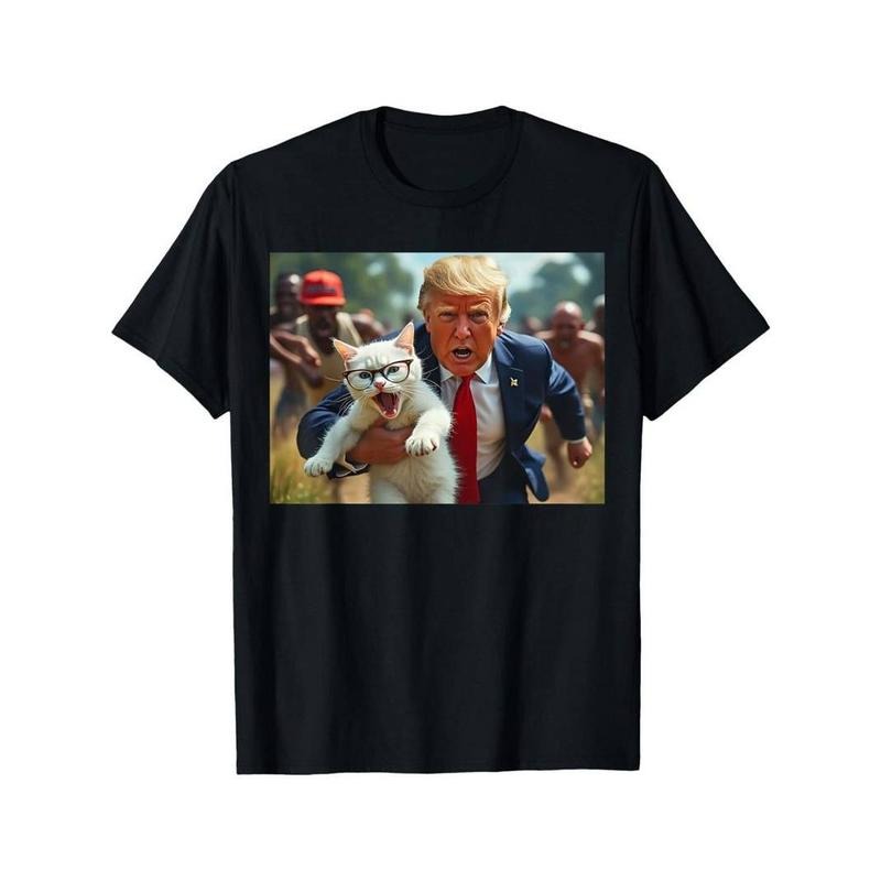 [100% Cotton] Trump Holding Cat Print T-shirt, Trendy Cotton Tops Short Sleeve, Street Style Short Sleeve Tee Hoodie,...