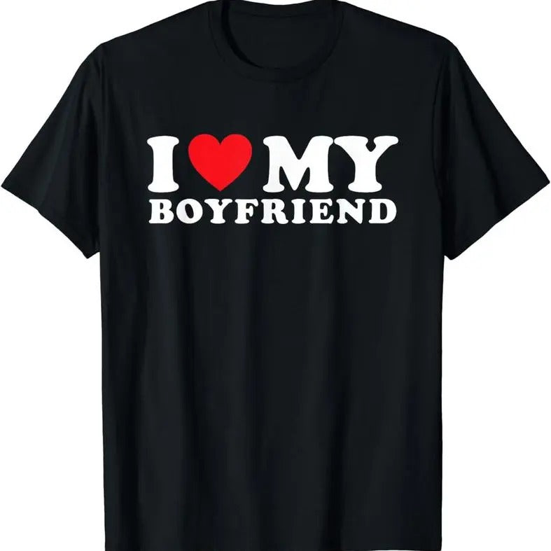 [100% Cotton]I Love My Boyfriend I Heart My Boyfriend BF T-Shirt Lovers Gift Black Casual Crew Neck Cotton Tee Girlfriend Clothes