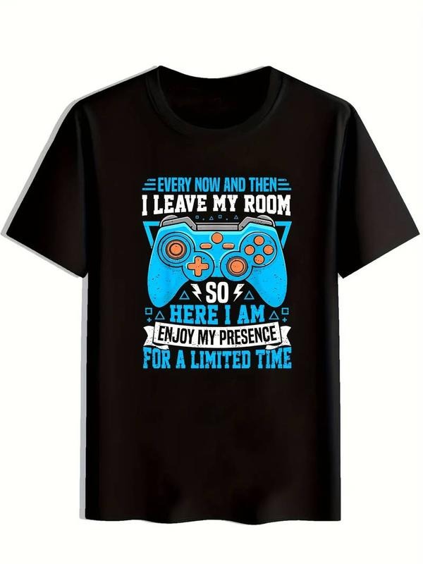 [100% Cotton]Men's Casual Crew Neck T-Shirt with Gaming Controller Print, Polyester 95% Elastane 5%, Short Sleeve,...
