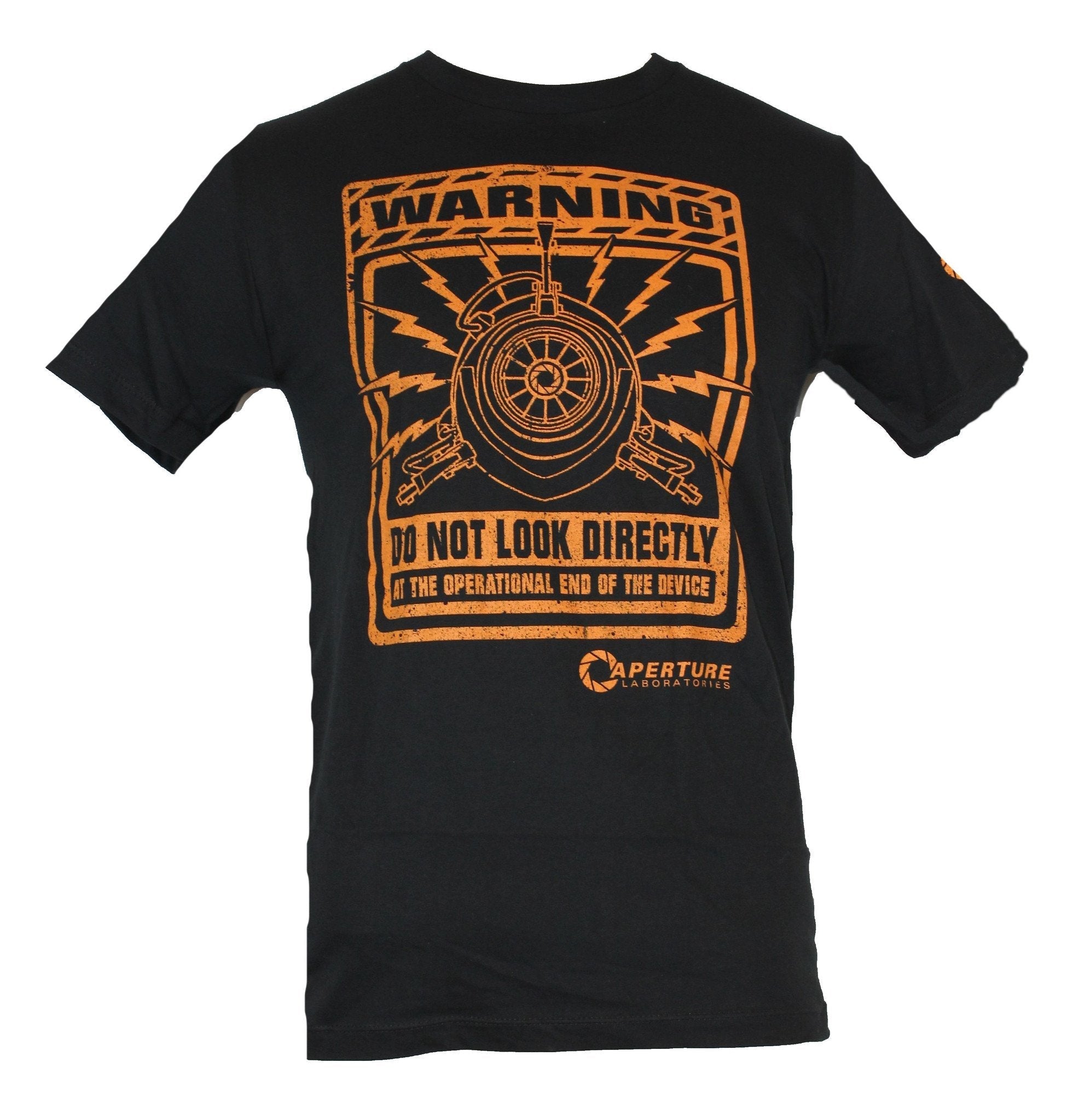 Portal Mens T-Shirt - Warning Do Not Look Aperature Warning Label Image Hoodie, Sweatshirt | CiraTrend.com