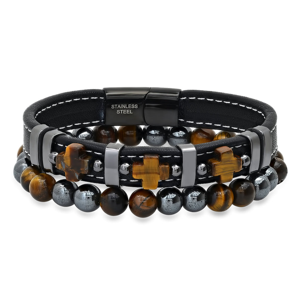 2Pc Set Black Leather, Tiger Eye Crosses And Black Ip Stainless Steel/Hematite & Tiger Eye Beaded Bracelets... (Image 1)
