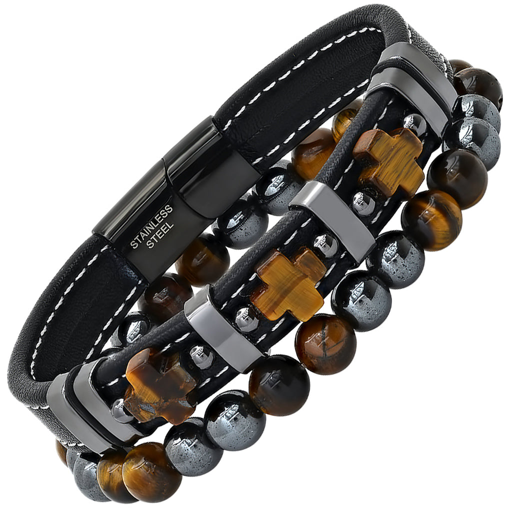 2Pc Set Black Leather, Tiger Eye Crosses And Black Ip Stainless Steel/Hematite & Tiger Eye Beaded Bracelets... (Image 2)
