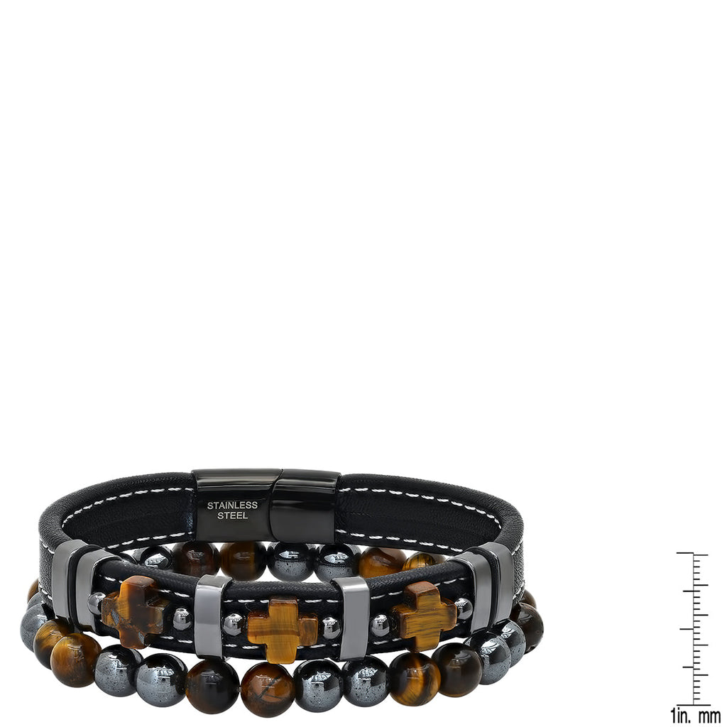 2Pc Set Black Leather, Tiger Eye Crosses And Black Ip Stainless Steel/Hematite & Tiger Eye Beaded Bracelets... (Image 3)