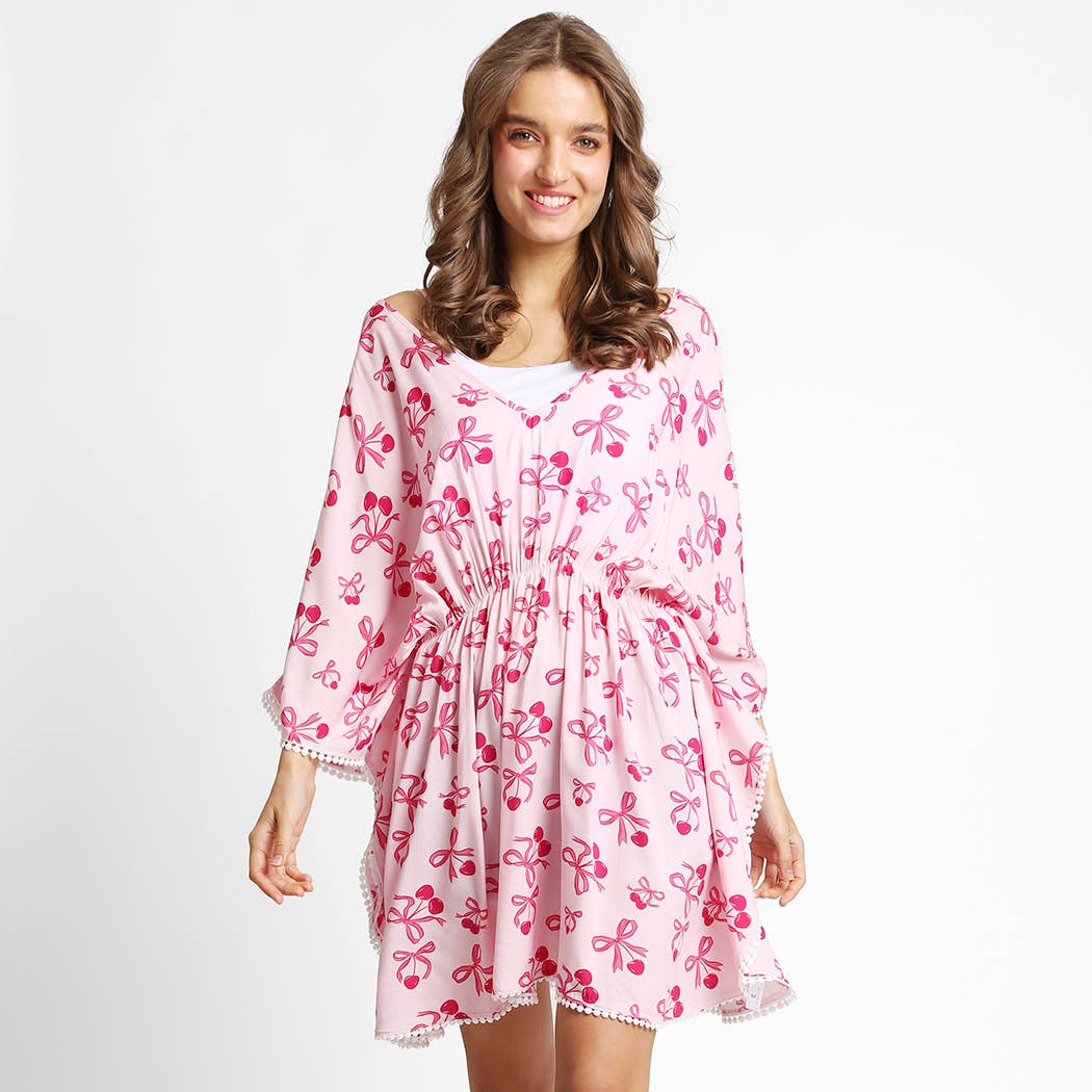 Ribbon Cherry Print Lace Back V-Neck Summer Dress
