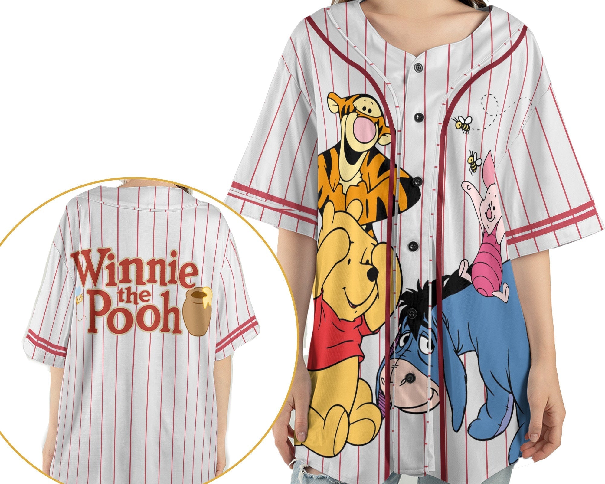 2 Sided Winnie The Pooh Baseball Jersey Shirt, Pooh Piglet Tigger Eeyore, Disney Friends Baseball Sport Outfits, Disneyland Family Vacation - Bafud