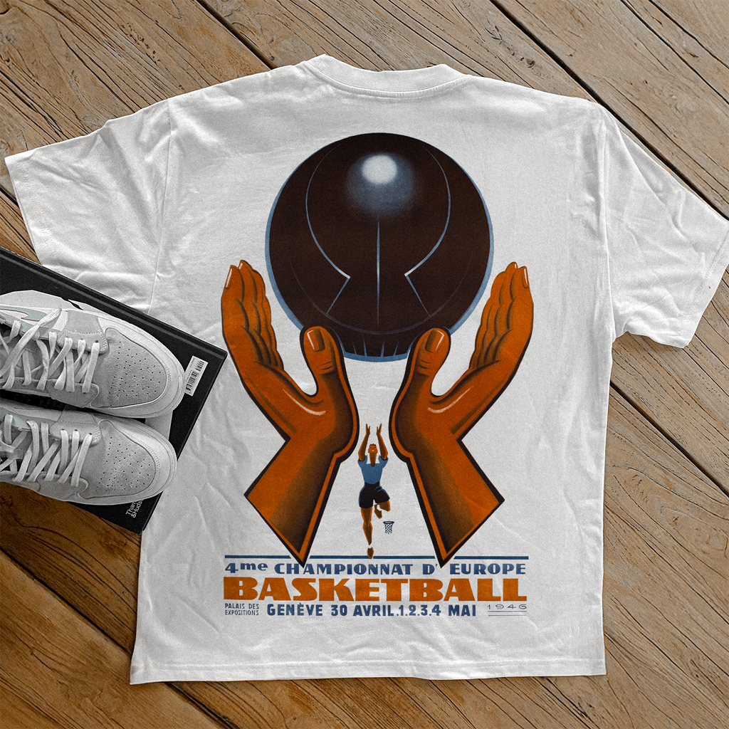 1946 'EUROBASKET CHAMPIONSHIPS' POSTER HEAVYWEIGHT WHITE T-SHIRT Hoodie, Sweatshirt | CiraTrend.com (Image 1)
