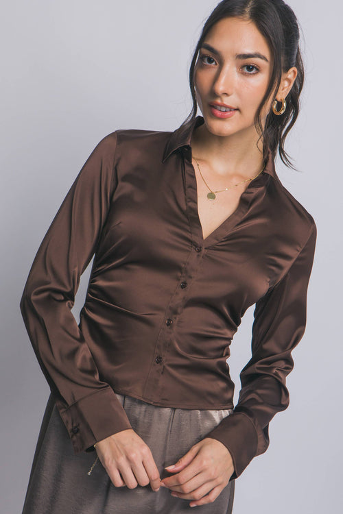 1119 Fitted Ruched Side Satin Shirt SI-28405