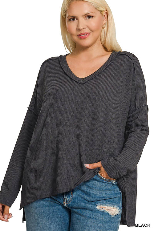 0816 Plus Raised Rib Long Sleeve Hi Low V Neck Top SI-28344