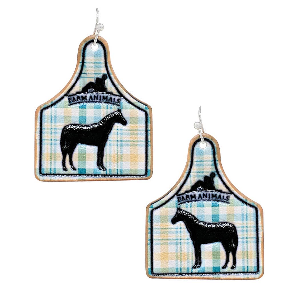 Stripe Farm Animal Tooled Leather Earrings - Horse