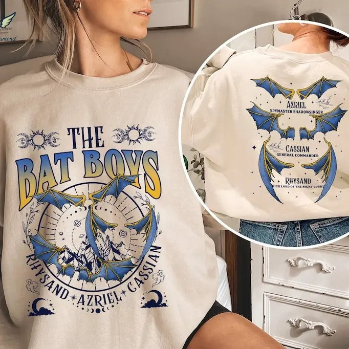 2 Slide Design, Acotar Bat Boys Sweatshirt, The Night Court Shirt, A Court of Thorn and Roses Shirt, Azriel Cassian...