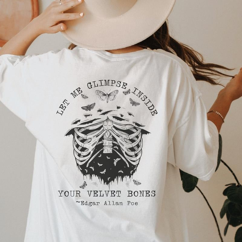 2 Slide Design, Edgar Allan Poe Skeleton Shirt Grunge T-Shirt Goblincore Shirt Bookish Shirt Moth Shirt Halloween T-Shirt Dark Academia