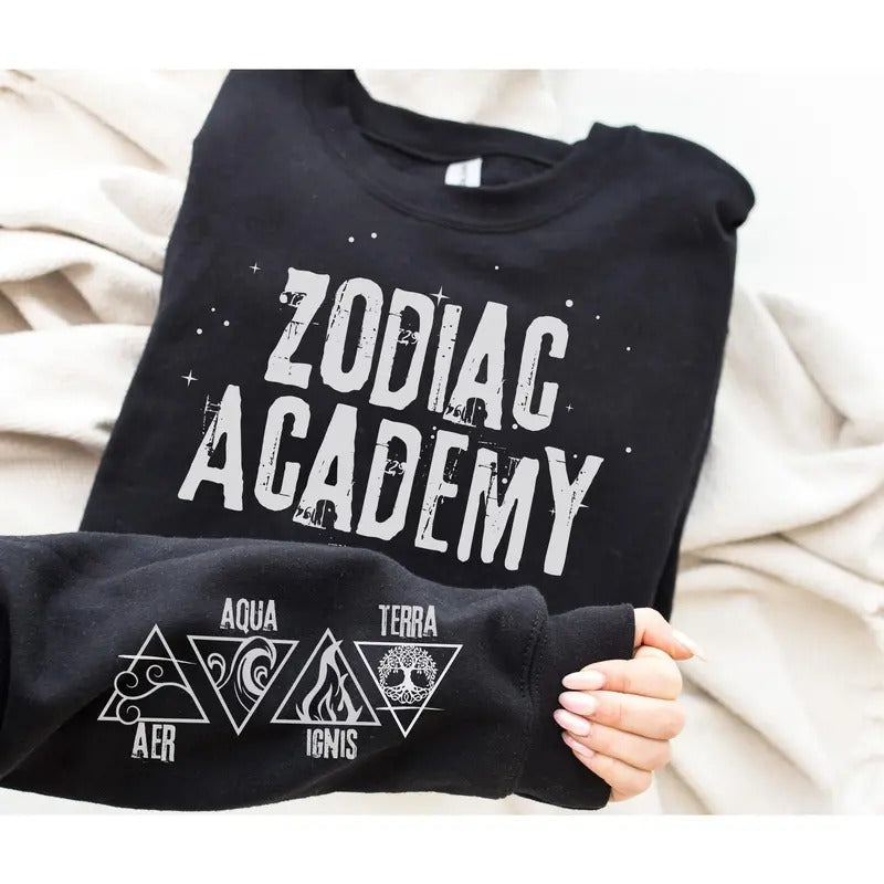 2 Slide, Zodiac Academy Sweatshirt, Hoodie OFFICIALLY LICENSED Zodiac Academy Merch, Elements Sleeve, Ignis Aer Aqua Terra Sleeve, Zodiac Signs Hoodie
