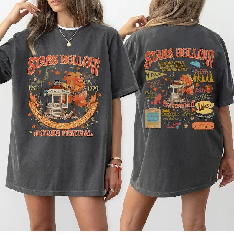 2 Slides, Stars Hollow Fall Shirt ,Annual Autumn Festival Shirt, Vintage Style Stars Hollow Shirt, Luke's Diner Coffee Tee Cotton Crewneck Shortsleeve Basic