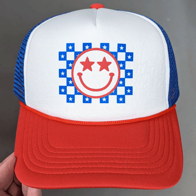 Patriotic Checkered Happy Face Puff Trucker Hat
