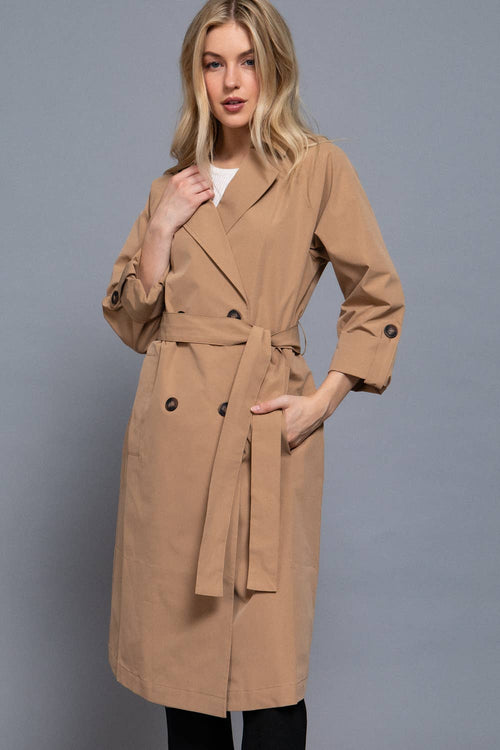 0913 Long Sleeve V Neck Lapel Collar Trench Coat SI-28296