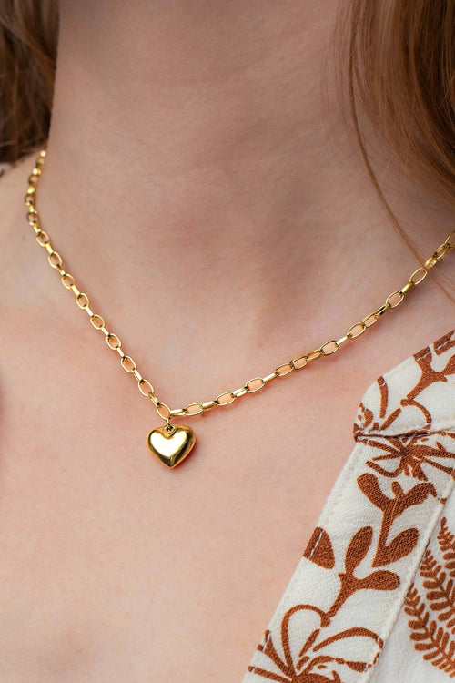 14K Gold Plated Stainless Steel Puff Heart Chain Necklace