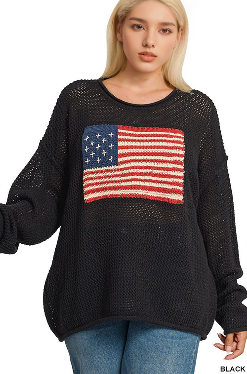 0819 Plus American Flag Crew Neck Sweater SI-28626