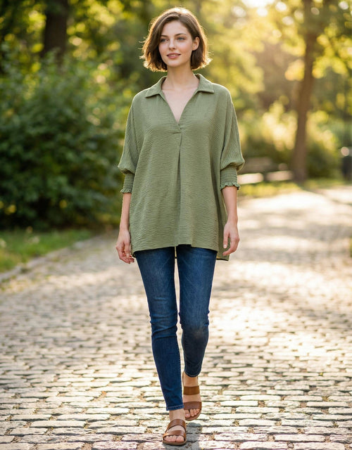 0302 Air Flow Collar Tee with Smocked Sleeve Band Top SI-27825