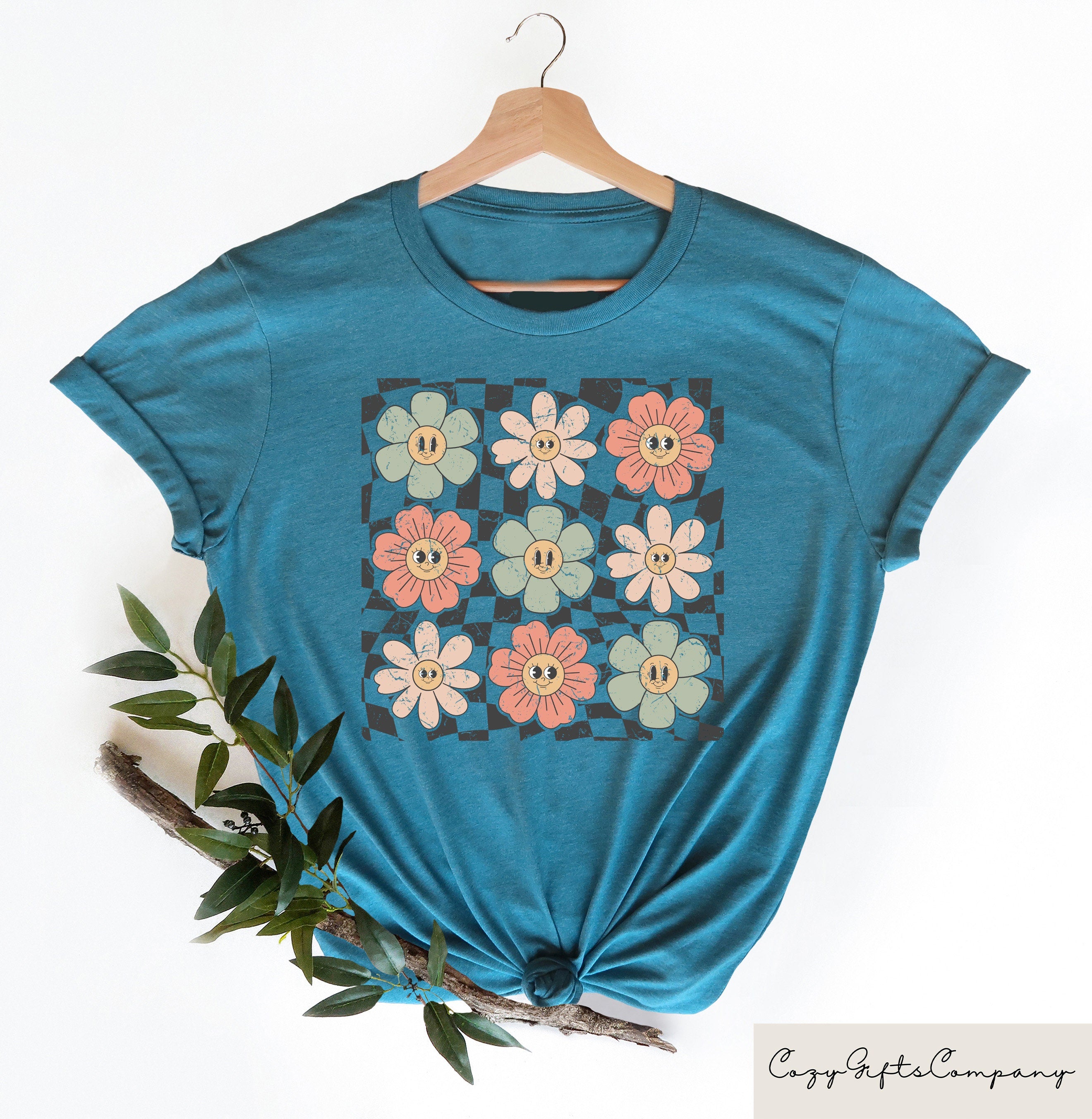 Retro Checkered Flower Retro Flowers Comfort Summer Boho Flower Boho Hippie Tee Summer (4)