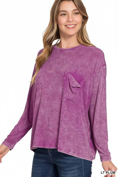 1230 Washed Dolman Sleeve Round Neck Top with A Pocket SI-25307