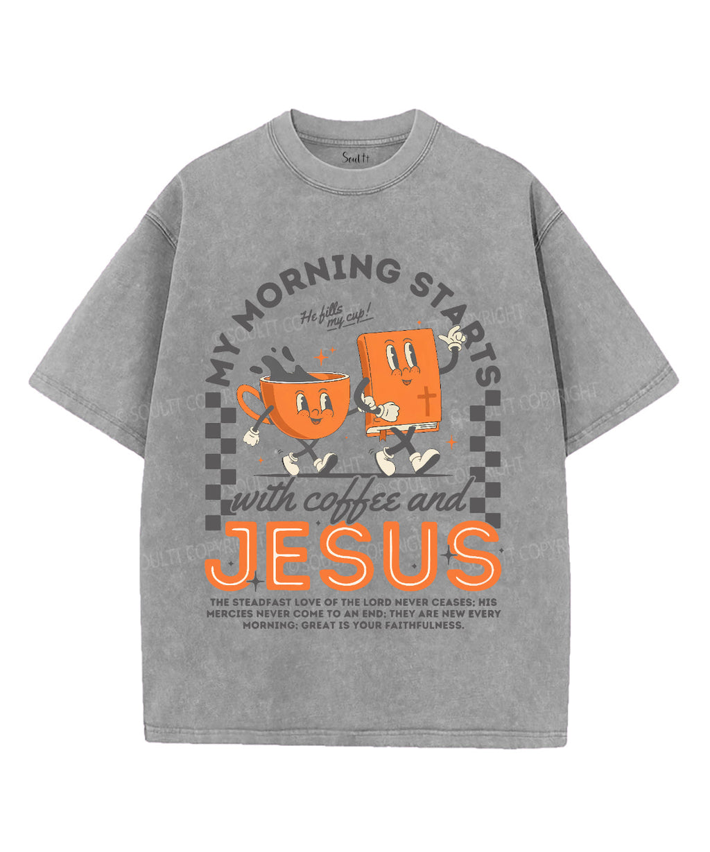 My Morning Stars With Coffee And Jesus Unisex Washed Christian T-shirt Hoodie, Sweatshirt | CiraTrend.com (Image 2)