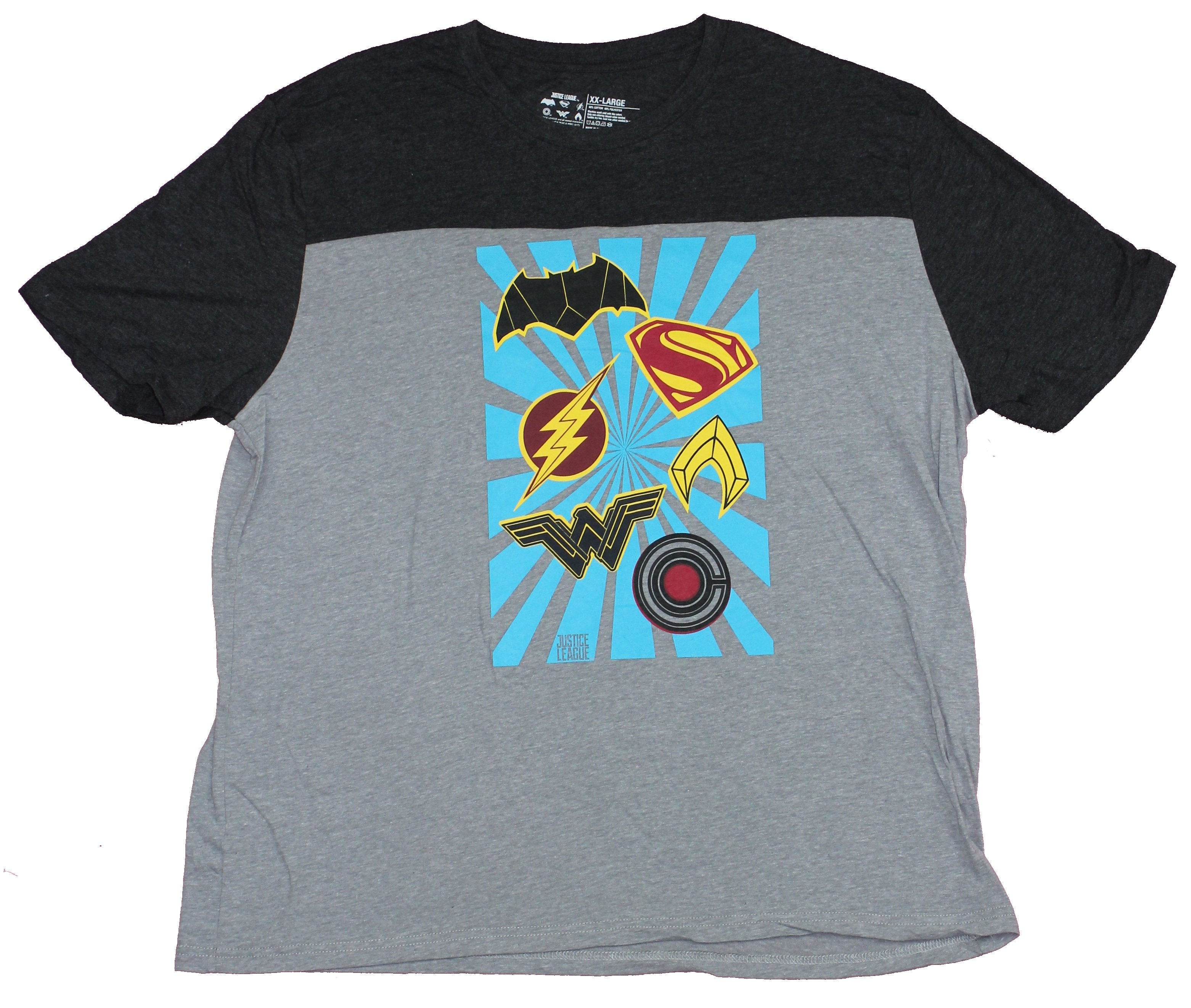 Justice League Mens Yoke T-Shirt- Multiple Logos Of the Justice Team Beaming Hoodie, Sweatshirt | CiraTrend.com