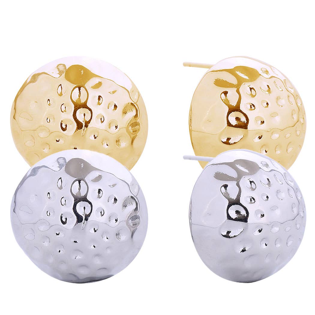 14K Gold Dipped Hammered Button Stud Earrings