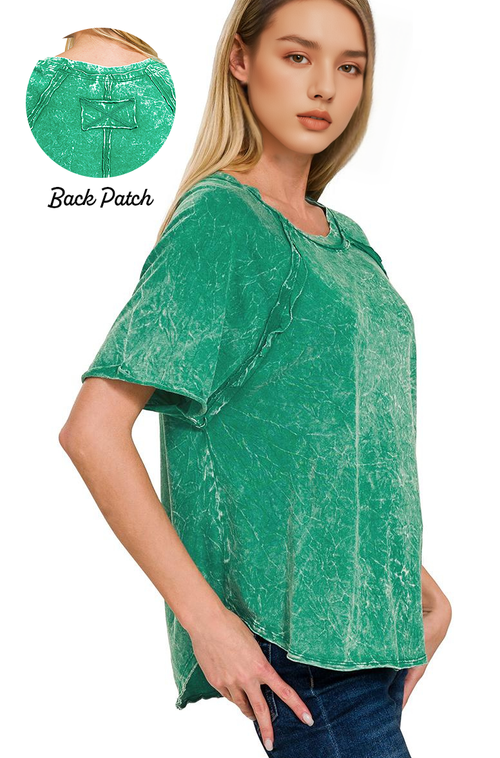 ._ Back Patch Crinkle Washed Raglan Sleeve Tshirt