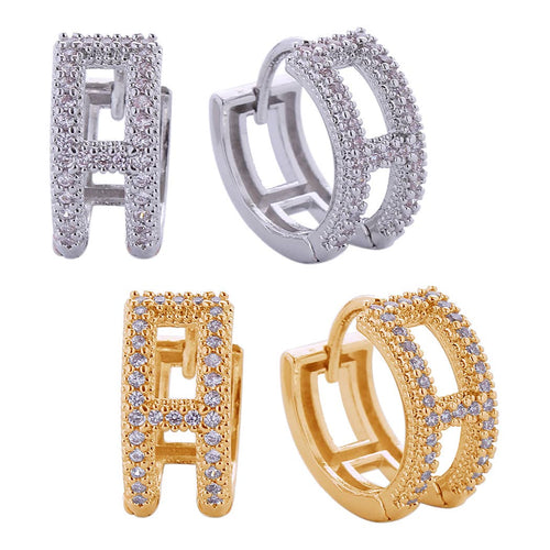 14K Dipped Double Row Paved Cz Huggie Earrings