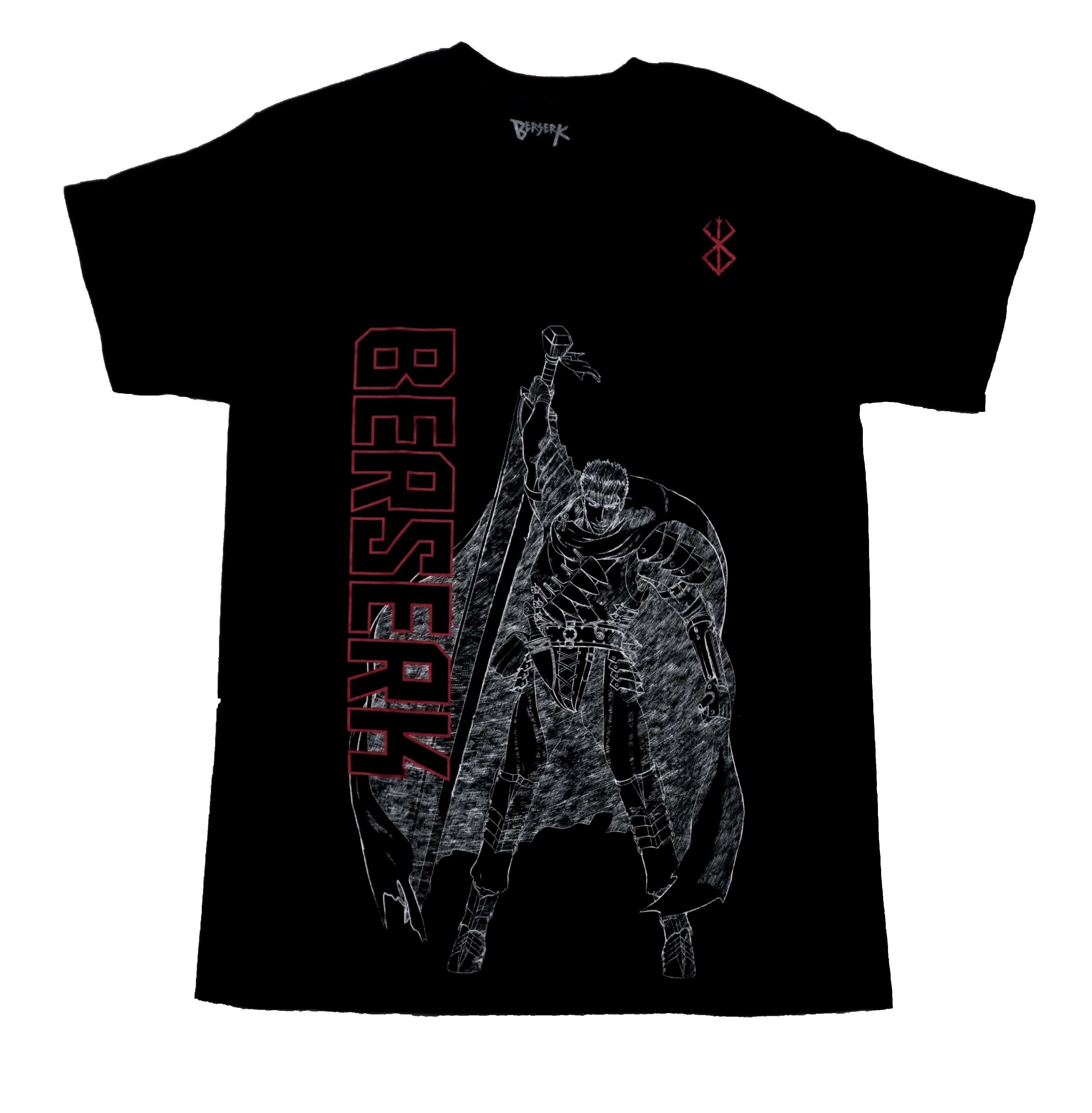 Berserk Mens T-Shirt - White Sketch Outline of Guts Along Name Lapel Logo Hoodie, Sweatshirt | CiraTrend.com