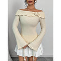 3D Floral Rib Knitted Sweater Bell Sleeve Lettuce Trim Off Shoulder Knit Top T-Shirts, Hoodie, Sweatshirt | CiraTrend.com