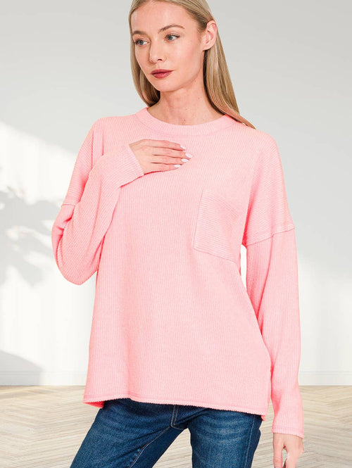 1014 Ribbed Brushed Melange Hacci Sweater with A Pocket SI-28614