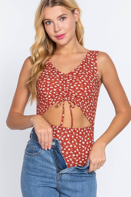 0126 Fitted Sleeveless Cut Out Ruched Print Bodysuit SI-22995