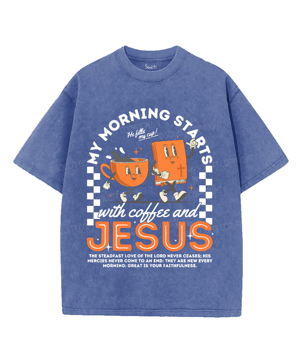 My Morning Stars With Coffee And Jesus Unisex Washed Christian T-shirt Hoodie, Sweatshirt | CiraTrend.com (Image 3)