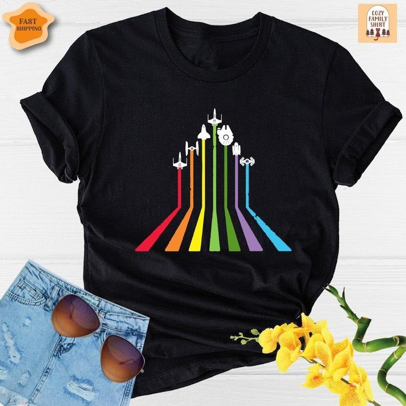 Rainbow Shirt - Black T-Shirt with Rainbow Design, 100% Cotton, Crew Neck, 3/4 Length, Casual & LGBTQ-Inspired, All...