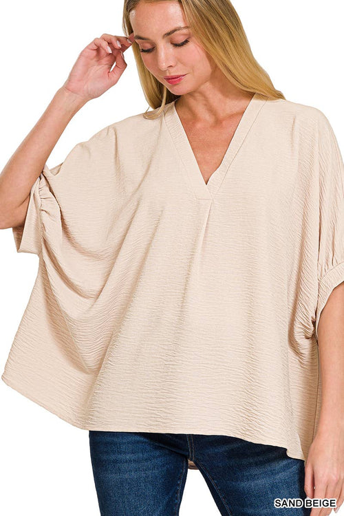 ._ SI-25944 Woven Airflow V-Neck Puff Half Sleeve Top