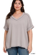 ._ SI-27252 Plus Corded Rib Short Sleeve Hi Low Neck Top